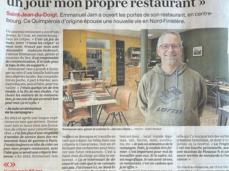 Jam les Crêpes mis à l’honneur dans&nbsp;Ouest-France